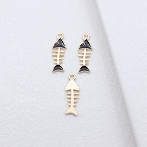 Three black enamel fishbone alloy pendants with gold plating for DIY jewelry making