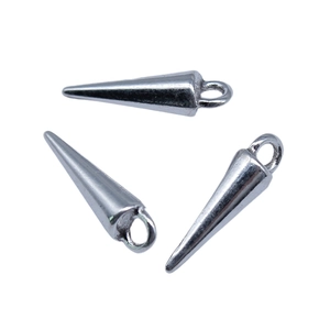 Three silver cone pendants with rings for DIY jewelry making on white background