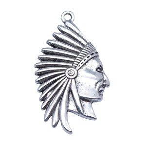 Antique silver Indian head pendant with feather headdress for DIY jewelry crafts