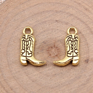 Pair of gold alloy western cowboy boot charms with engraved black line details for DIY jewelry