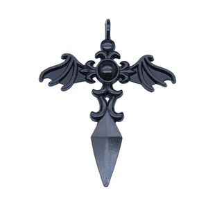 Gothic black bat wing cross pendant with metal alloy finish and center bead
