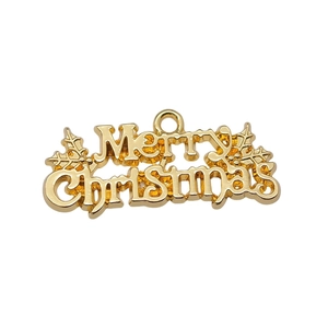 Golden Merry Christmas hollow alloy charm with holly leaves for DIY holiday jewelry