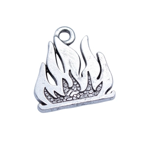 Antique silver flame pendant in zinc alloy with textured finish and circular top loop