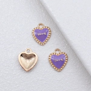 Purple heart enamel charm with gold LOVE text for DIY jewelry making and necklaces