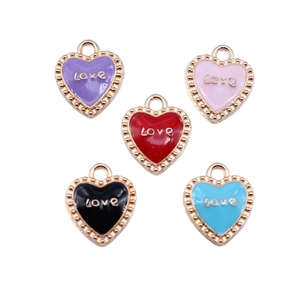 Colorful enamel heart pendants with gold beaded edges and Love engraving for DIY jewelry