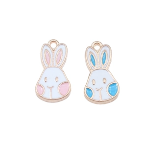 Pink and blue enamel rabbit charms for DIY jewelry making in polished light gold alloy