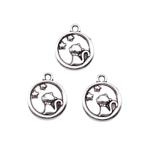 Set of 3 antique silver cat and star round charms for DIY jewelry making accessories