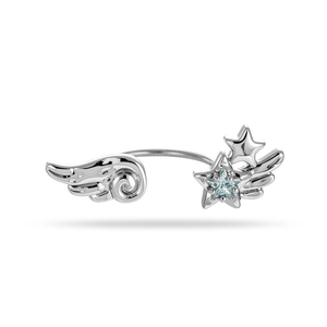 Silver angel wing and star ring with a blue gemstone on a clean white background