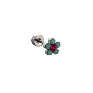 Titanium steel flower cartilage stud with pink center and green opal petals on white background