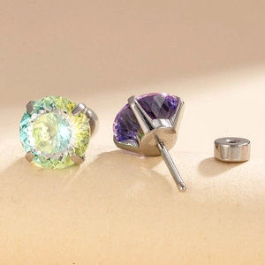 Two-tone bird nest cut zircon stud earrings in gradient green and purple titanium steel