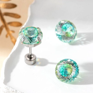 6mm/8mm gradient bird nest cut turquoise zircon stud earrings in polished silver titanium steel