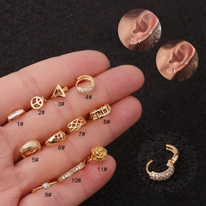 Set of 11 golden mini heart and geometric zircon earrings for women cartilage piercing