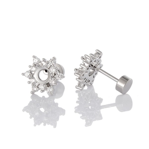 Surgical steel snowflake stud earrings with white zircon stones and flat screw backs