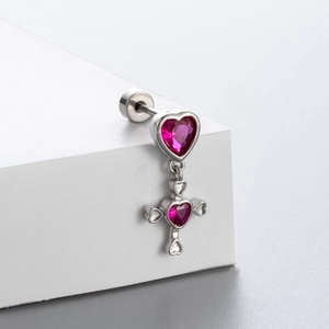 Boucles d'oreilles cœur et croix en argent avec zircon magenta et fermoir à vis