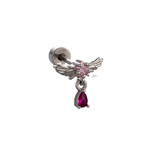 Boucles d'oreilles en acier titane avec étoile rose, goutte de zircon rouge et ailes argentées