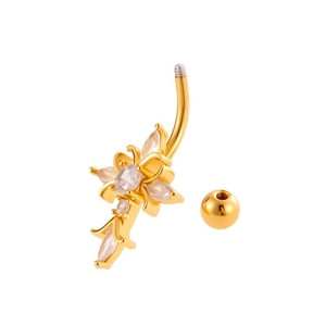 Piercing ombelico in acciaio dorato con design fiore croce e zirconi scintillanti