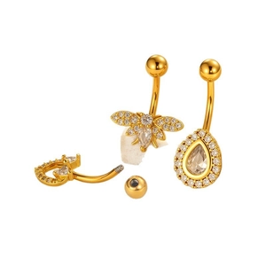 Gold stainless steel belly ring with micro-pave cubic zirconia wing and teardrop charms