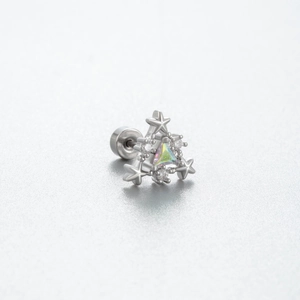 Triangle titanium steel helix stud featuring iridescent zircon and star-shaped metal accents