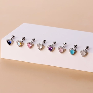 Set of eight colorful heart-shaped stainless steel cartilage earrings with screw ball backs