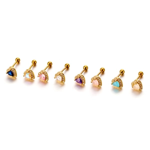 Set of 8 heart-shaped stainless steel cartilage studs with colorful zircon stones