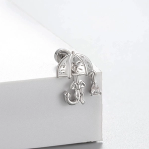 Elegant silver umbrella stud earring with bow detail and zircon drop pendant