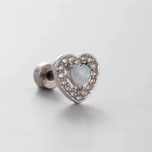 Elegant heart-shaped opal stud earrings with zircon halo and titanium steel screw back