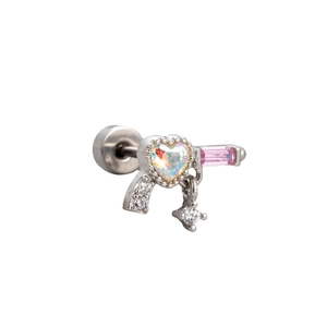 Titanium steel heart opal stud earring with pink gemstone and zircon detail