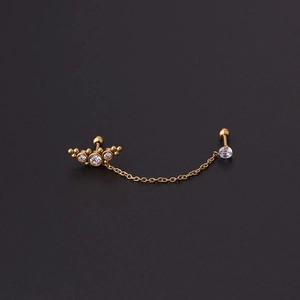 16G gold stainless steel chain earrings for double piercings with cubic zirconia fans