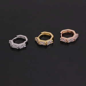 Three-color hexagon cartilage hoops with rectangular cubic zirconia on black backdrop