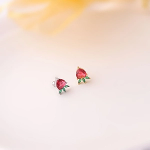 Exquisite strawberry stud earrings featuring red zircon and green leaves with screw backs