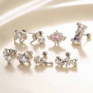 Set of 8 silver stainless steel cartilage earrings with zirconia in various shapes