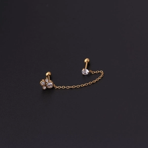 Detail of 16G gold chain earring with zircon flower cluster and screw ball backing