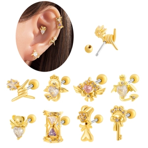 Golden stainless steel cartilage stud earrings set with colorful zircon stones