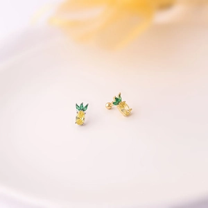 Detailed close-up of pineapple fruit earrings with colorful zircon and screw back