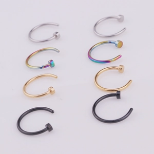 Set of 8 stainless steel C-shaped nose rings in silver, rainbow, rose gold and black colors