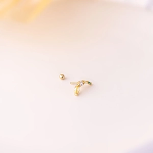 Leaf-shaped gold piercing stud with colorful zircons and secure screw ball back