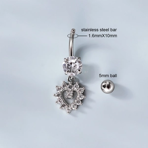 Glinsterende roestvrijstalen hart navelpiercing met zirkonia pavé en 10mm gebogen staafje