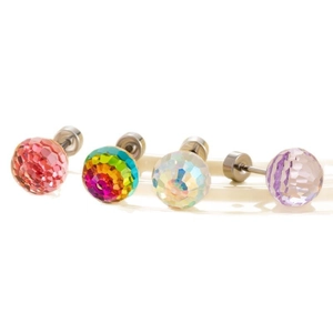 Faceted crystal ball stud earrings in titanium steel with screw back closure 4-pack