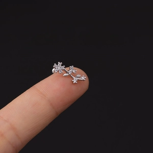 Vista macro di un piccolo orecchino a forma di ramo floreale in argento su un polpastrello
