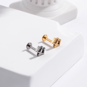 Vue détaillée macro de clous de labret minimalistes en titane F136 dorés et argentés
