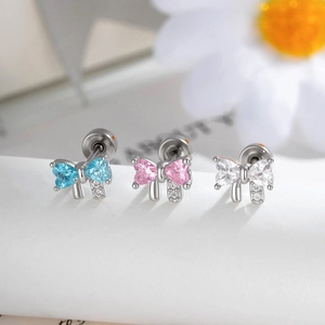 Elegant Bowknot Heart Rhinestone Ear Bone Stud Copper Inlaid Piercing Earrings For Women Girly Fashion Jewelry Accessories