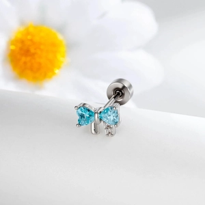 Exquisite silver bow heart stud earrings with light blue zircons and screw back
