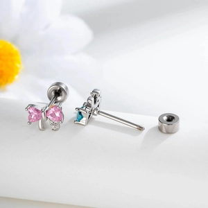 Delicate silver bow heart zircon stud earrings with screw-back design and pink blue gems