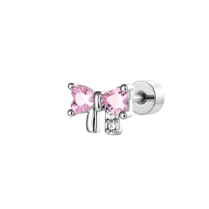 Pink heart zircon bow stud earring with silver finish and screw back closure