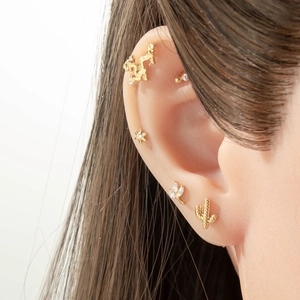 Titanium gold flat back stud earrings set featuring dragon, star and cactus designs
