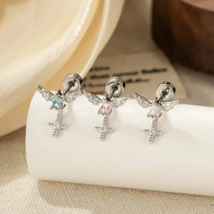 Titanium Steel Angel Wings Star Cartilage Earring Stud With Cross Pendant Zircon Inlaid Screw Back Piercing Jewelry For Women Men