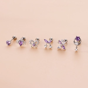Six minimalist purple zircon heart and butterfly stud earrings in polished stainless steel