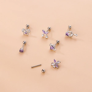 Purple zircon heart and butterfly bow cartilage studs in stainless steel, six piece set