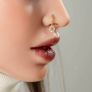 Exquisite gold-plated nose ring with a geometric hexagonal zircon-studded pendant