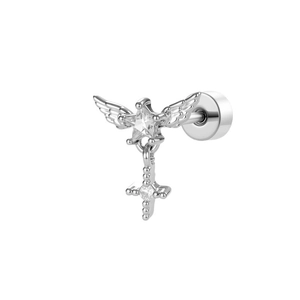 Star and angel wing earrings with a cross pendant and screw back in silver finish